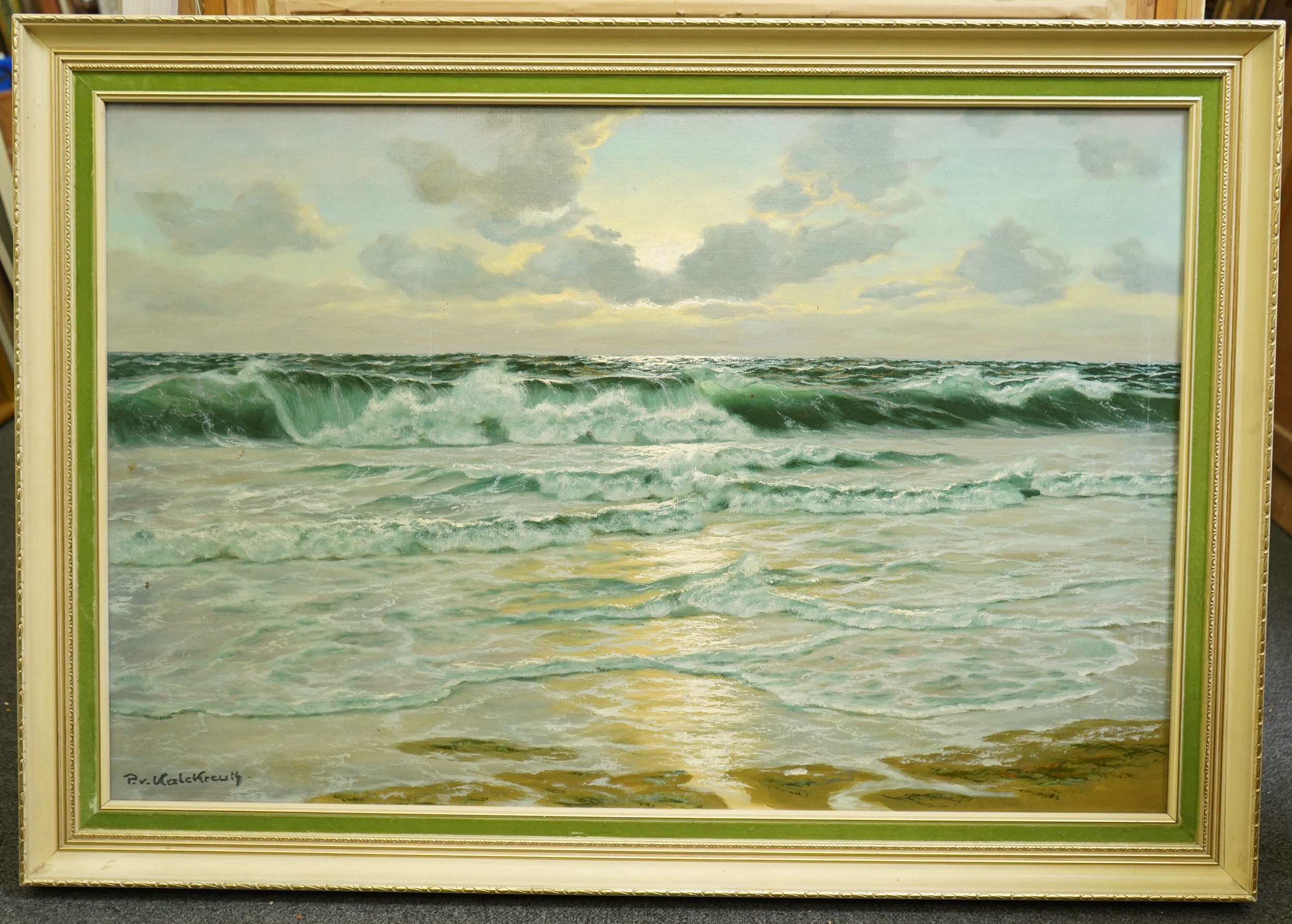 Patrick von Kalckreuth (German, 1882-1970), oil on canvas, Waves breaking on the shore, signed, 60 x 90cm. Condition - good
